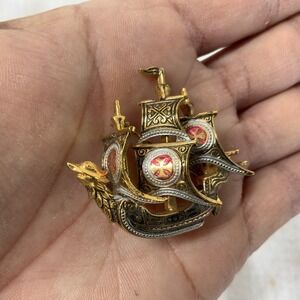 Vintage Damascene Ship Brooch Spanish Galleon Sailing Sail Boat Pin‎ Spain